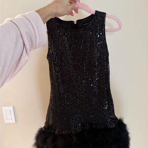 Black Sequin Sleeveless Dress with Fur Hem